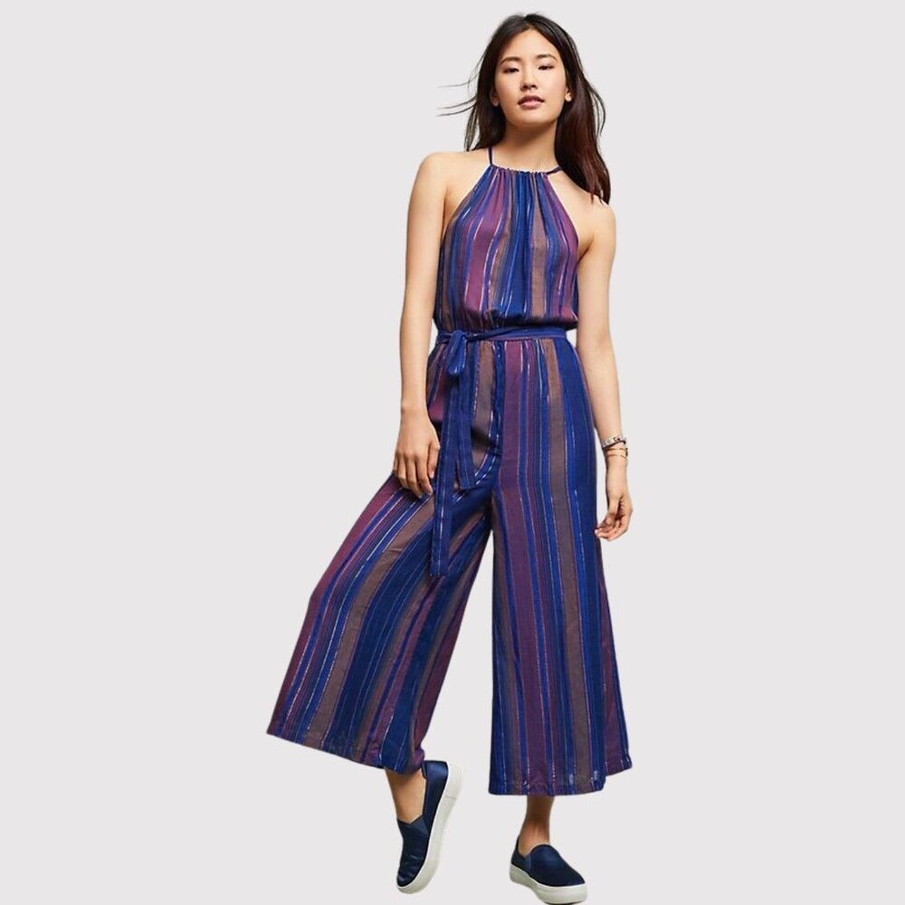 Cleobella Women Jumpsuit Blue Lois Halter Metallic Stripe Wide Leg Size 8
